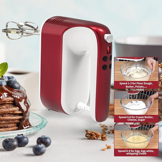 9-Speed Digital Hand Mixer Electric, 400W Powerful DC Motor, Baking Handheld with Snap-On Storage Case, 5 Stainless Steel Accessories, Flat Beaters, Dough Hooks, Whisk(Red/White)