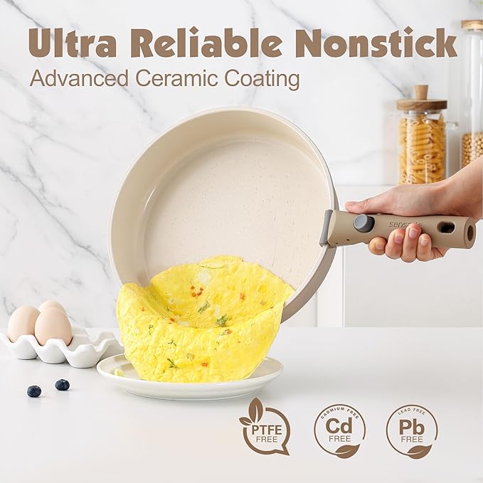 SENSARTE 24 Piece Ceramic Pots and Pans Set, Nonstick Detachable Handle Cookware, Induction Cookware Set with Removable Handle, Healthy Non Stick for RV, Dishwasher竊냀ven Safe, PFOA Free (Almond Beige)