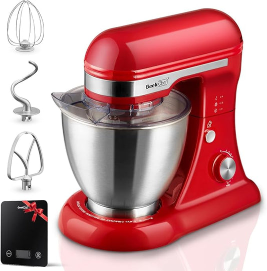 Geek Chef 3-IN-1 Stand Mixer, 4.8QT, 12 Speeds Tilt-head Food Mixer with Dough Hook, Whisk, Beater and Digital Scale with App, Red