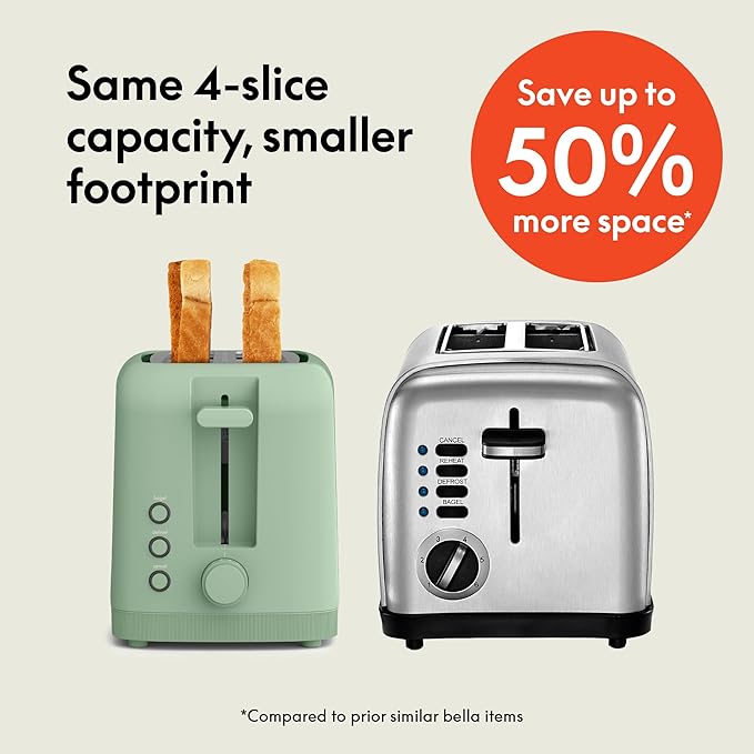 bella 4 Slice Slim Toaster, Fits-anywhere??Kitchenware, 6 Setting Shade Control with Reheat & Cancel Buttons, Fits Sourdough, 10??Long Slot, Anti Jam & Auto Shutoff, 900 Watt, Seaglass