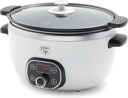 GreenLife 8QT Slow Cooker, Non-Toxic PFAS-Free Ceramic Nonstick Removable Interior Bowl, Programmable, Family Friendly, Keep Warm, Stovetop & Oven Safe, Dishwasher Safe Crock, Timer, Glass Lid, White
