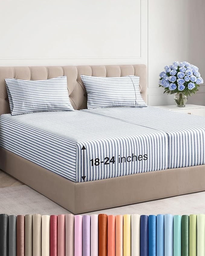 Extra Deep Pocket Split King Sheets - 5 Piece Breathable & Cooling Bed Sheets - Hotel Luxury Bed Sheet Set - Soft, Wrinkle Free & Comfy - Easily Fits Extra Deep Mattresses - Blue Striped Sheets Set