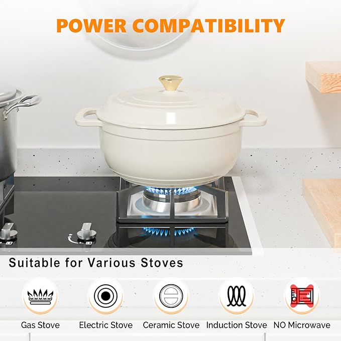Bonnlo 6QT Round Dutch Oven, Enameled Cast Iron Dutch Oven Pot with Lid & Dual Handles, Oven Safe Up to 500째 F, for Sourdough, Bread Baking, Stews and Roasting, White