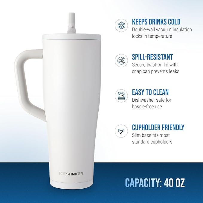 Ice Shaker 40 oz Tumbler with Handle and Straw | 40oz Sandy Beach | Cold for 30+ Hours | 2-in-1 Tumbler Shaker Bottle | Odor-Free 40 ounce Bottle for Water, Protein Shakes, Smoothies, Cocktails