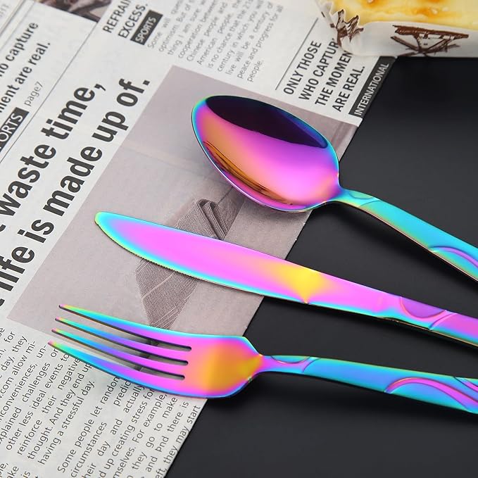 Rainbow Stainless Steel Flatware Set for 8, Ergonomic Silverware Set with Fork Spoon Knife, 40-Piece Colorful Cutlery Tableware Set - Dishwasher Safe