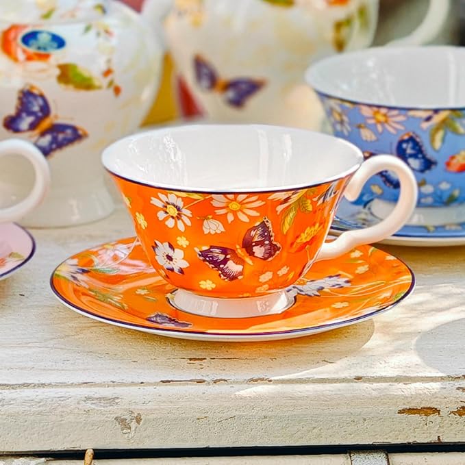 Aynsley Cottage Garden Windsor Fine Bone China Teacup & Saucer - 7.5oz (220ml), Elegant Windsor Shape, Christmas Gift for Tea Lovers, British Craftsmanship-Orange