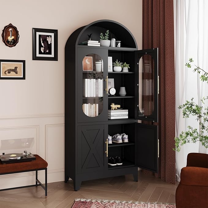 73" H Metal Tall Arched Kitchen Pantry Cabinet, Modern Farmhouse China Storage Cabinets with Glass Door and Adjustable Shelves, Versatile Cupboard for Kitchen, Dining Room, Bathroom (Black)