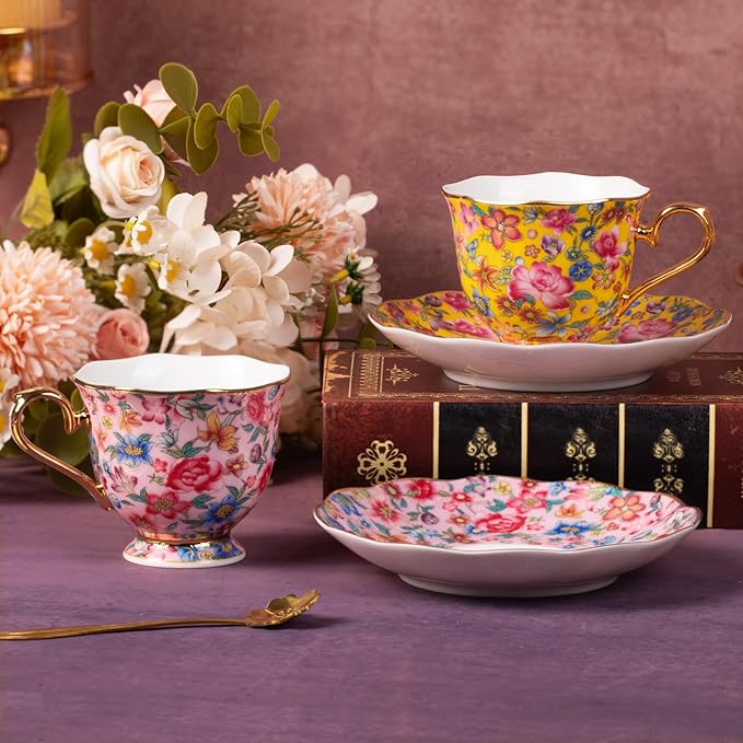 KAMMAK Tea Cups and Saucers Set of 2, Porcelain Coffee Cups with Saucer for Espresso, Cappuccino, 6.3oz Vintage Pink and Yellow Ceramic Novelty Mug for Home, Tea Party, Office