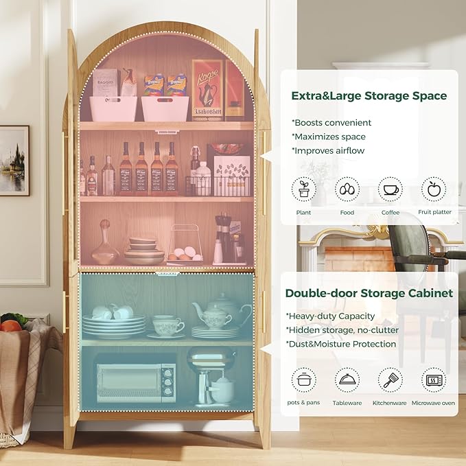 63??Arched Kitchen Pantry Cabinet ??5-Tier Modern Farmhouse Storage Cabinet w/Glass & Fluted Doors, Adjustable Shelves Bookcase for Kitchen, Living Room, Entry, Office, Engineered Wood, Oak