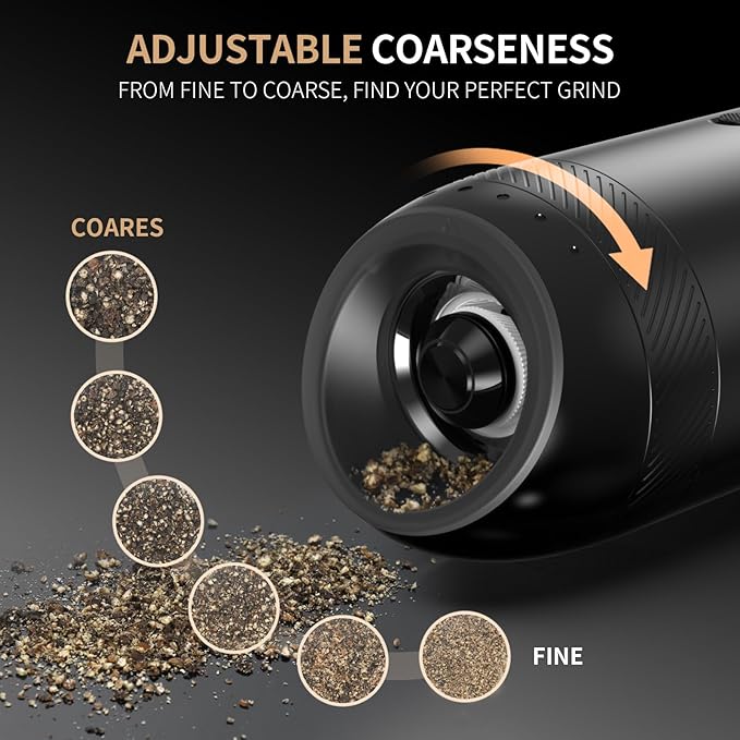 Rechargeable Electric Salt and Pepper Grinder Set, Gravity Automatic Salt and Pepper Shakers with LED Light, Type C Charging, Adjustable Coarseness, Large Capacity Mills Set (Black & Black)