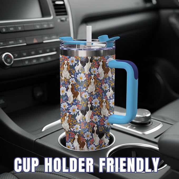 Yogusut Cavalier King Charles Spaniel Gifts for Women, 40oz Stainless Steel Insulated Tumbler Travel Mug Cup with Handle Straw, Gifts for Dog Mom Dog Lover