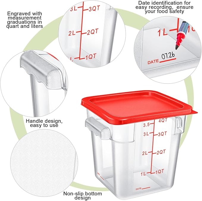 Maxcheck 4 Pcs 4qt Food Storage Container with Lids Bulk Clear Commercial Food Storage Bins with Scale Handle Space Saving Restaurant Tubs for Kitchen Prep Proof Dough Marinating Meat(Red)