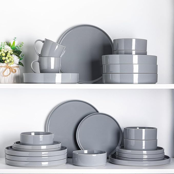 Dinnerware Set for 8, 24 Piece Speckled Plates and Bowls Set with Glazed Bottom, Chip & Scratch Resistant Stoneware Plates Sets, Dishwasher & Microwave Safe Dishes (Limestone, Service for 8)