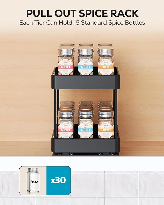 Nieifi Spice Rack Organizer for Cabinet, Vertical Spice Rack Pull Out, Easy to Install, Metal, 6.5''Wx10.35''Dx8.4''H, 1 Pack, 2 Tiers(Black)