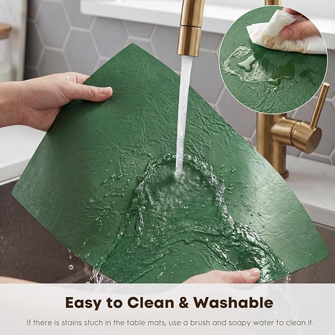 Artoid Mode Green Faux Leather Placemats Set of 6, 12x18 Inch Waterproof Wipeable Heat Resistant Place Mats, Reversible Table Mats for St. Patrick's Day Dining Decor
