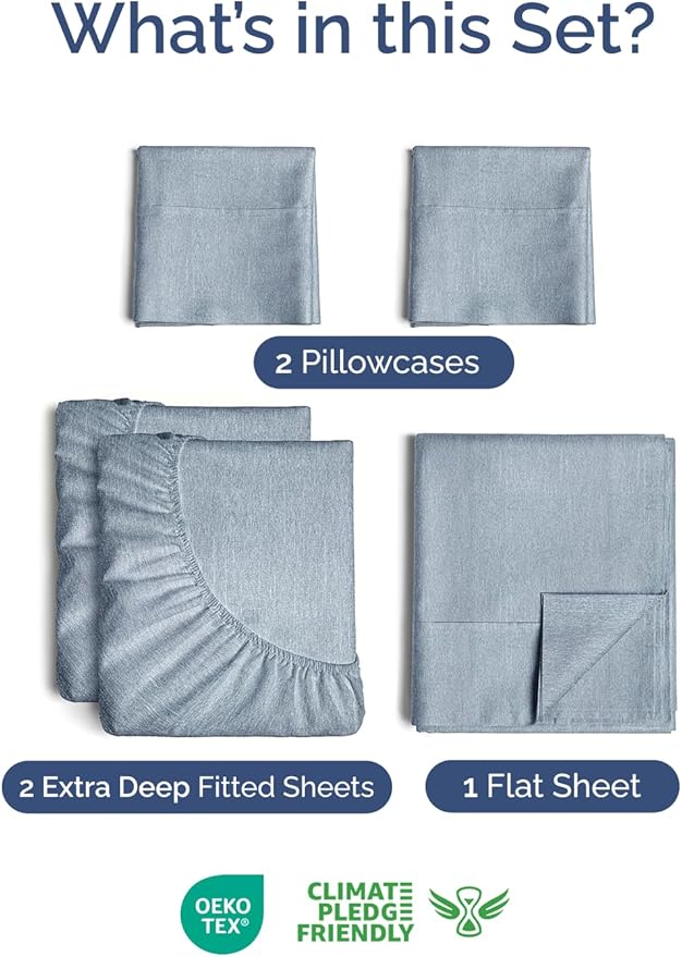 Extra Deep Pocket Split King Sheets - 5 Piece Breathable & Cooling Bed Sheets - Hotel Luxury Bed Sheet Set - Soft, Wrinkle Free & Comfy - Easily Fits Extra Deep Mattresses - Heathered Blue Sheets Set