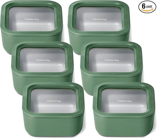 Caraway 6pc Glass Food Storage Set ??4.4 Cup Food Containers (6) - Ceramic Coated - Non Toxic, Non Stick with Lids - Microwave Safe - Sage