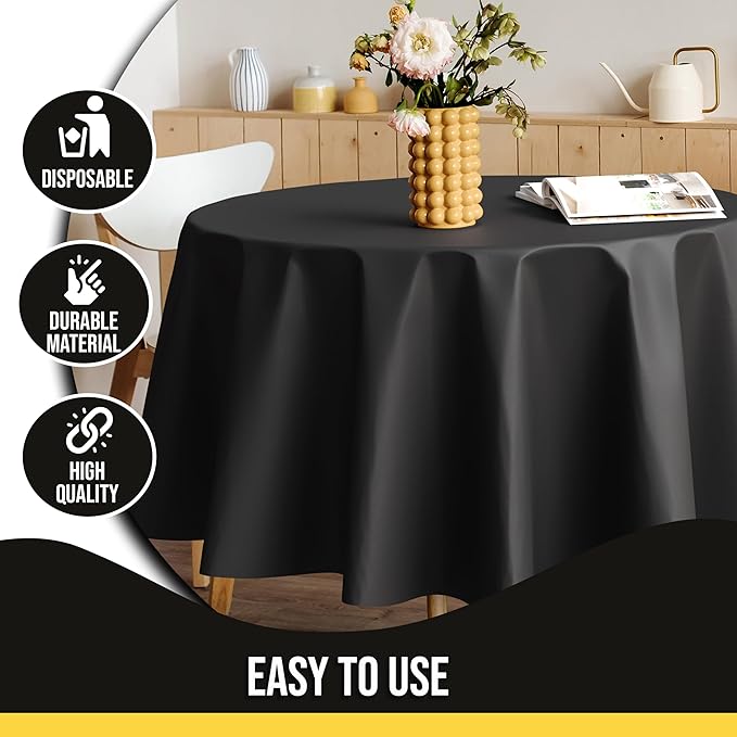 Party Solids 12-Pack Black Round Plastic Tablecloth Disposable ??Size: 60 Inches ??Round Plastic Table Cloths for Parties, Picnics & Formal Events