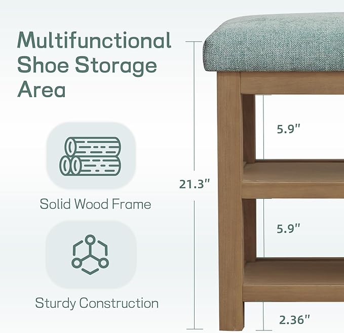 Zihanhome Shoe Rack Bench with Cushion, 2 Tier Solid Wood Storage Bench, Mid-Century Modern Shoe Bench for Entryway, Hallway, Closet, Front Door Entrance, Foyer (Teal, 46.5")