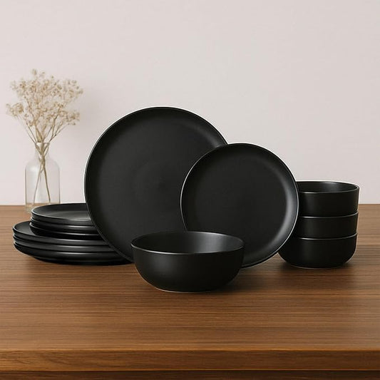 Furrnook 12-Piece Stoneware Dinnerware Set with Mugs | Microwave and Dishwasher Friendly | Stackable Matte Glaze Plates & Bowls | Service for 3 (Black for 4)