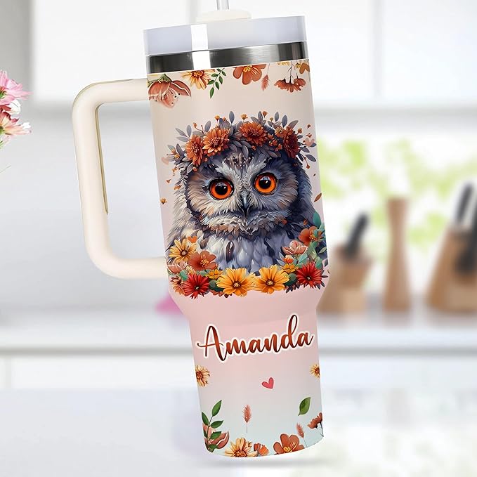 AGGLOMEKC Personalized Cute Owl Cup - Mother's Day Birthday Gift For Animal Lovers - Just A Girl Who Loves Owl Tumbler 40oz With Custom Name - Pet Lover Gifts For Women, Her