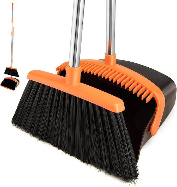 Broom and Dustpan Set,Dustpans with Broom Combo for Home,Heavy Dust Broom and Dustpan Combo,Long Handle Dust Pan and Broom Set for Kitchen Office,Pet Hair(Brown Orange)