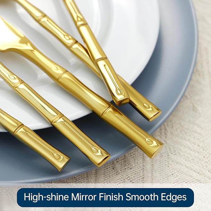 Silverware Serving Set 45-Piece Mirror Polishing Stainless Steel Gold Flatware Set Bamboo Pattern Cutlery Set Service for 8