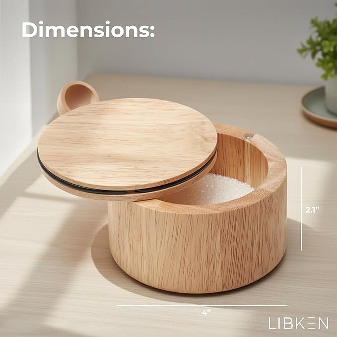 Wooden Salt Box with Lid & Spoon ??Rubberwood Keeper, Magnetic Swivel Top to avoid Dust, Minimal Scandinavian Bowl for Pepper, Spices, Herbs and Salt, Natural Salt Storage Container - Wood Lid