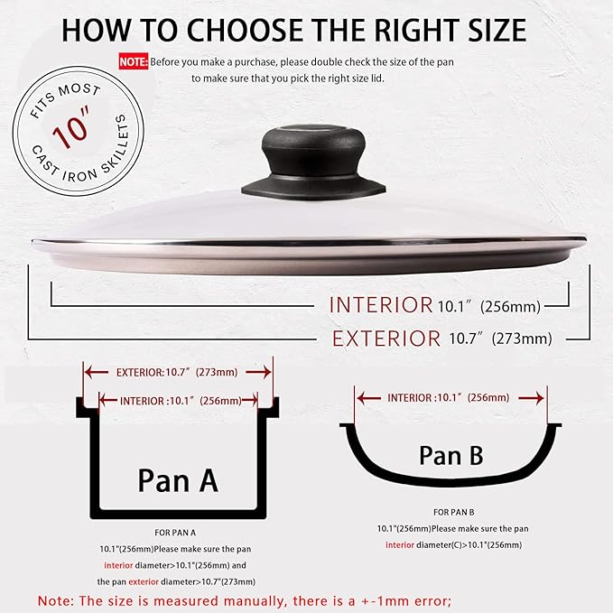 10 Inch Pan Lid 10??Tempered Glass Pot Lid for Cast Iron Skillets, Pans, Frying Pan, Pots and Wok, Heat Resistant Handle