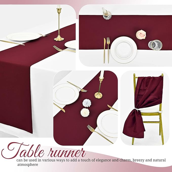 12 Pack Burgundy Polyester Table Runner 12 x 108 Inch Long Rustic Farmhouse Wedding Table Runners, Washable and Reusable Table Runner for Wedding Birthday Parties Banquet Table Fall Autum Decorations