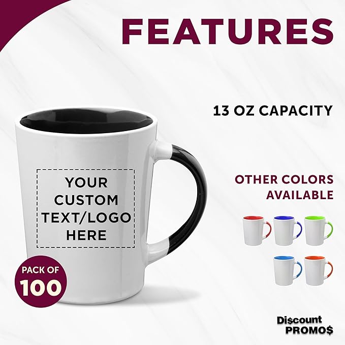 Custom Ceramic Latte Coffee Mugs by Albany 13 oz. Set of 100, Personalized Bulk Pack - Perfect for Coffee, Tea, Espresso, Hot Cocoa, Other Beverages - Black