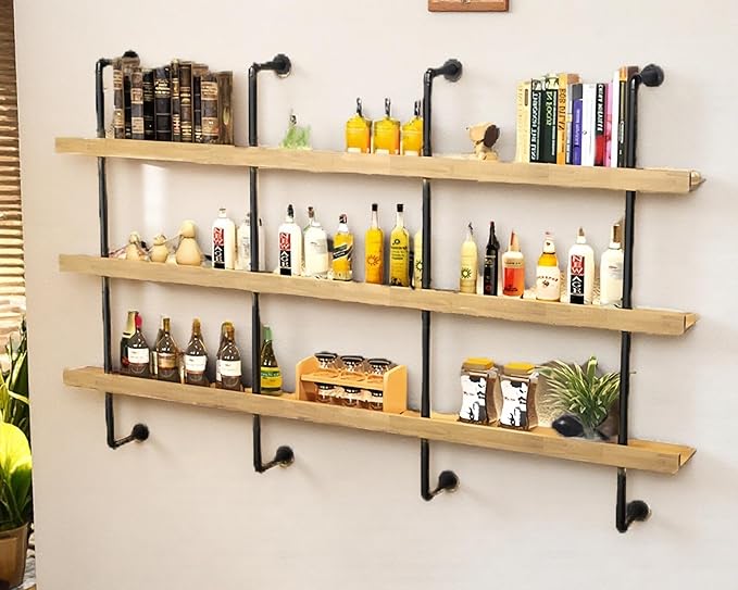 39 Inch Large Wall Mounted Wine Rack, 3 Tier Industrial Pipe Shelf Rustic Wood Floating Shelves, Wall Bar Shelves for Liquor Bottles Display Storage Organizer for Dining Room(Natural, No Lights)