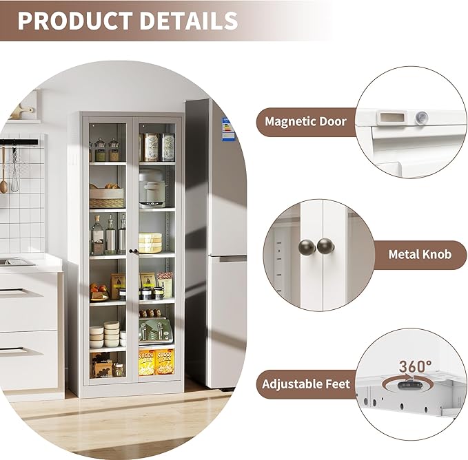 Kitchen Pantry Storage Cabinets with Glass Doors and 5 Adjustable Shelves, 72" Tall Kitchen Cupboard Metal Pantry Cabinet for Home Office Living Dining Room, Assembly Required (White)