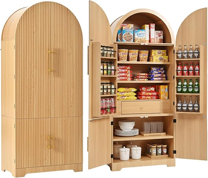 72" Tall Arched Kitchen Pantry Cabinet, Fluted Storage Cabinets with Hidden Drawer and 3 Adjustable Shelves, Cupboard with Door Shelves for Kitchen, Dining and Bathroom, Natural Wood