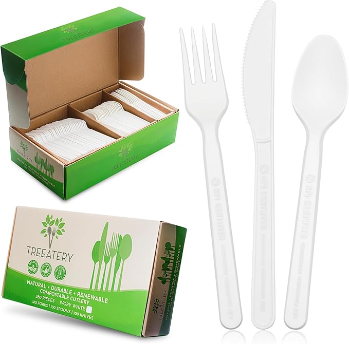 Compostable Cutlery Set, Plant-Based Compostable Utensils Disposable, Dishwasher-Safe Compostable Silverware, 380-Piece Disposable Cutlery, Plant a Tree with Every Box, Ivory White
