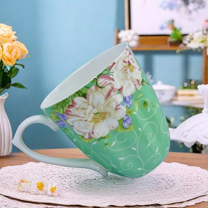14oz Bone China Coffee Mugs for Women Floral Coffee Mug Tea Cups Novetly Coffee Cups Gift for Women Mom Friends (Green Magnolia)