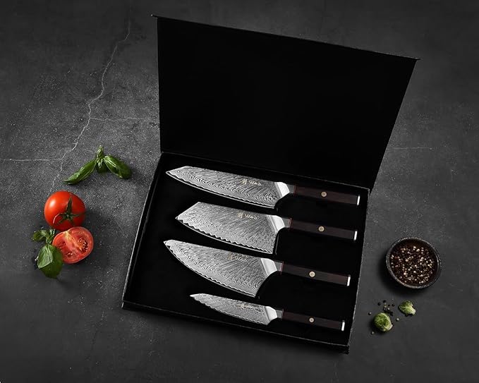 Wakoli Culinary Asia Damascus 4-Piece Knife Block Set with Magnetic Block ??Professional Kitchen Knives made of 67-Layer Damascus Steel Blades & VG10 Core ??Ergonomic Dark Oak Wood Handles in Gift Box