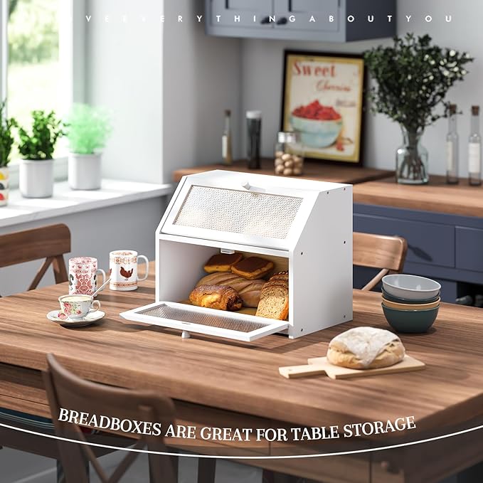 Bread Box for Kitchen Countertop Bin Double Layer Bread Box Storage Container Extra Large Capacity Farmhouse with Diamond Pattern Windows (White, Large)
