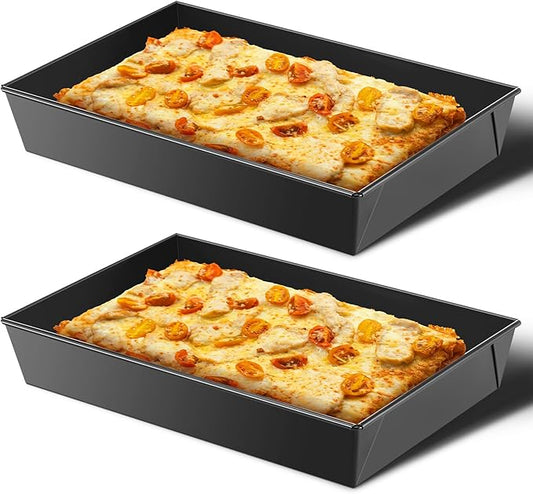 RimCereal 2 Pcs Detroit Style Pizza Pan 10 x 14 x 2.36 Inch Non Stick Rectangle Deep Pizza Pans Pre Seasoned Carbon Steel Sicilian Style Pan Dish Bakeware Kitchenware