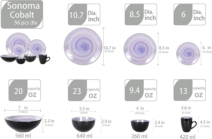 Stoneware Sonoma Dinnerware Set, Black + Speckled Handpainting (56pc Set, Cobalt)