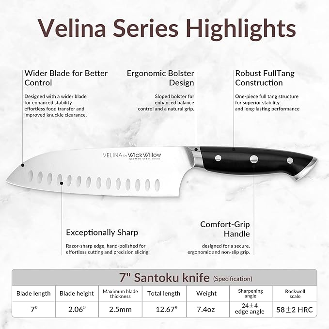 7 Inch Santoku Knife ??Razor Sharp German Steel Kitchen Knife for Chopping, Slicing & Mincing ??Hollow Edge Vegetable Knife with Full Tang & Ergonomic Handle ??Gift Box Included ??Velina Series