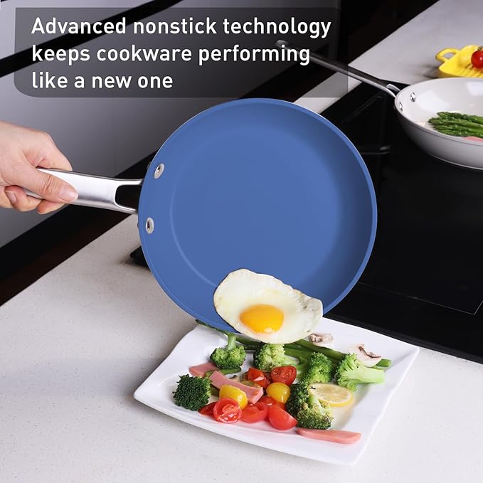 MsMk 5-Piece Ceramic Non Stick Pans Set 8, 10, 12 Inch Frying Pans, 10inch and 12 Inch with Tempered Glass Lids, Stay-Cool Handles, Oven Safe 700?? Compatible with All Cooktops