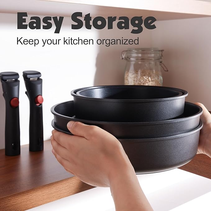SENSARTE 17 Piece Pots and Pans Set, Nonstick Detachable Handle Cookware Set, Induction Thermo-Signal Cookware Set with Removable Handle, Healthy Non Stick for RV, Dishwasher 竊?Oven Safe (Black)