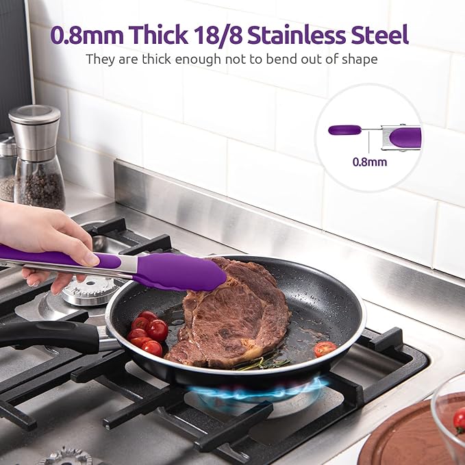 600쨘F Heat Resistant Kitchen Tongs: U-Taste 9 inch Silicone Cooking Tong with Firm Sealed Non Stick Rubber Tips & Silicon Coated 18/8 Stainless Steel Handle & Smooth Locking for Serving Grill (Purple)