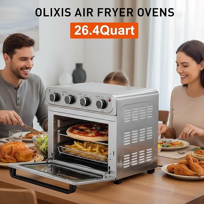 OLIXIS Air Fryer Toaster Oven Combo Extra Large, 26.4QT Convection Oven Countertop 4 Functions in 1, 4 Accessories Included, Stainless, Up to 450°F