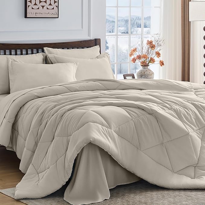HEVUMYI Linen Twin-XL Comforter Set - 5-Piece All Season Bed in a Bag Twin-XL, Ultra Soft Bedding Set with Comforter, Flat Sheet, Fitted Sheet, Pillowcases, Pillow Shams