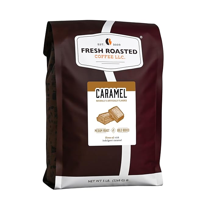Fresh Roasted Coffee, Caramel Flavored Coffee, 5 lb (80 oz), Medium Roast, Kosher, Ground