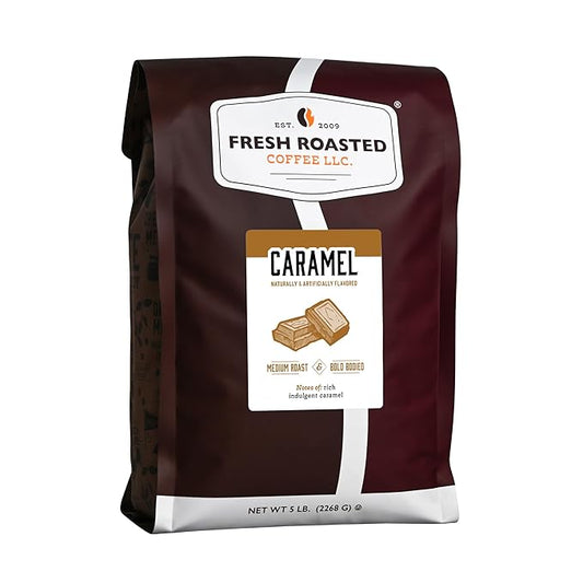 Fresh Roasted Coffee, Caramel Flavored Coffee, 5 lb (80 oz), Medium Roast, Kosher, Ground