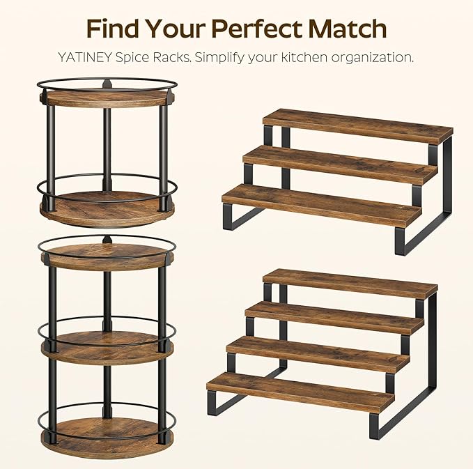 Spice Rack, 3 Tier Wooden Display Riser Stand, Kitchen Storage Organizer for Spices, Versatile Display Shelf, Space Saving, for Kitchen Countertop and Cabinet, Rustic Brown SR03L2BR