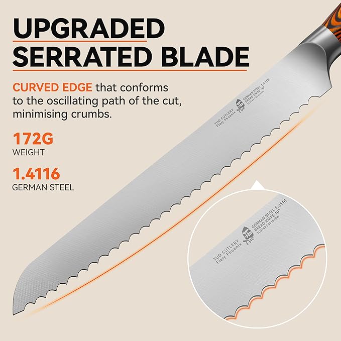TUO Bread Knife, 10 inch Upgraded Serrated Knife for Homemade Sourdough Bread, High Carbon German Steel with Pakkawood Handle, Gift Box - Fiery Phoenix Series